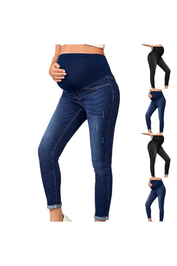 Luxalzxs Women's Maternity Jeans Over The Belly Skinny Stretchy Denim Pants Comfy Slim Pregnancy Pants with Pockets