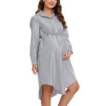 Luxalzxs Women's Maternity Striped Shirts Dresses Tie Waist Lapel Collar Button Down Long Sleeve Pregnancy Clothes Business Casual Outfit