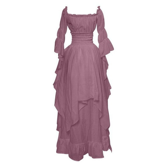 Luxalzxs Women's Medieval Vintage Solid Color Flared Sleeve Princess Dresses Elegant Off Shoulder Flowy Cotton Linen Peasant Dress Irregular Hem Faire Fairy Long Dress Renaissance Victorian Dress