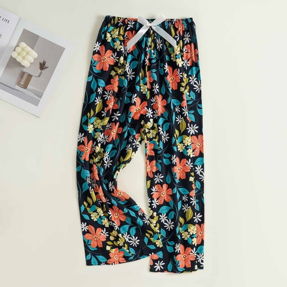 Luxalzxs Women's Pajama Pants Bowknot Elastic Waist Lounge Pants Sleepwear Soft Cozy Relaxed Fit Wide Leg Floral Print Pajama Bottoms