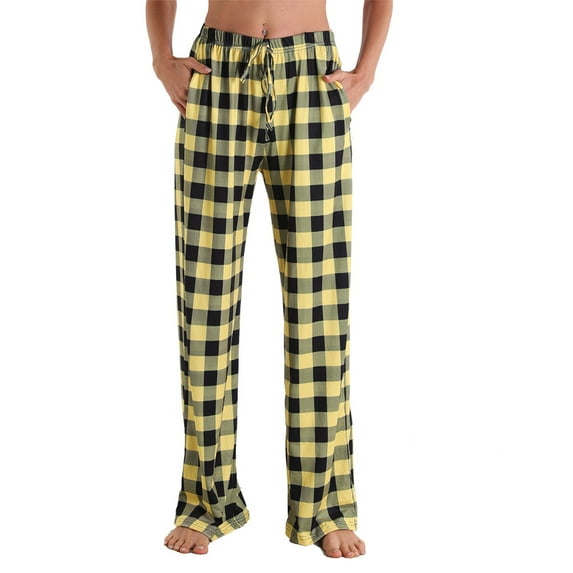Luxalzxs Women's Pajama Pants Wide Leg Yoga Pants Lounge Drawstring Pants Sleepwear Comfy Stretch Plaid Pj Bottoms with Pockets