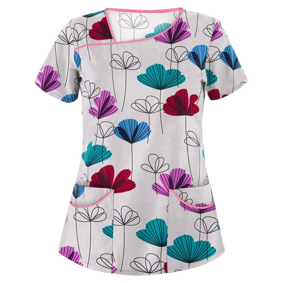 Luxalzxs Women's Short Sleeve Nurse Working Uniform Flower Print V-Neck Medical Scrub Tops Health Clinic Career Blouses