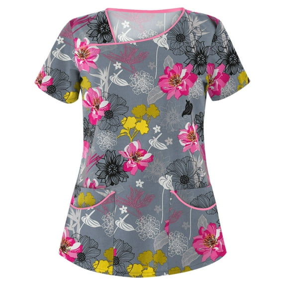 Luxalzxs Women's Short Sleeve Nurse Working Uniform Flower Print V-Neck Medical Scrub Tops Health Clinic Career Blouses