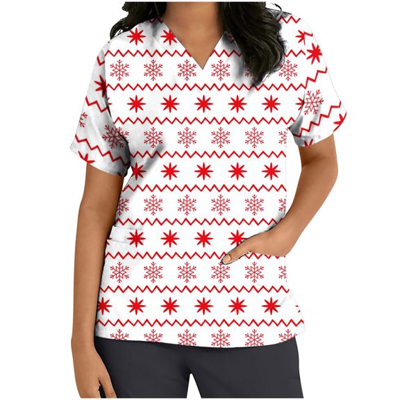 Luxalzxs Women's Short Sleeve V-Neck Scrub Top Cute Christmas Printed Workwear T-Shirt Working Uniform Blouse with Pockets