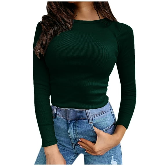 Luxalzxs Women's Slim Fit Going Out Crop Tops Casual Solid Color Crew Neck Long Sleeve Stretch Tight Ribbed Tee Shirt Basic Streetwear