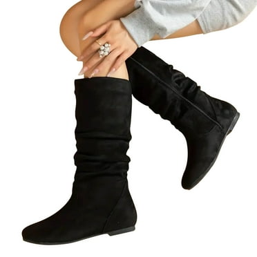 Luxalzxs Women's Slouchy Mid-Calf Boots Pull On Flat Boots Side Zipper Winter Boots for Women
