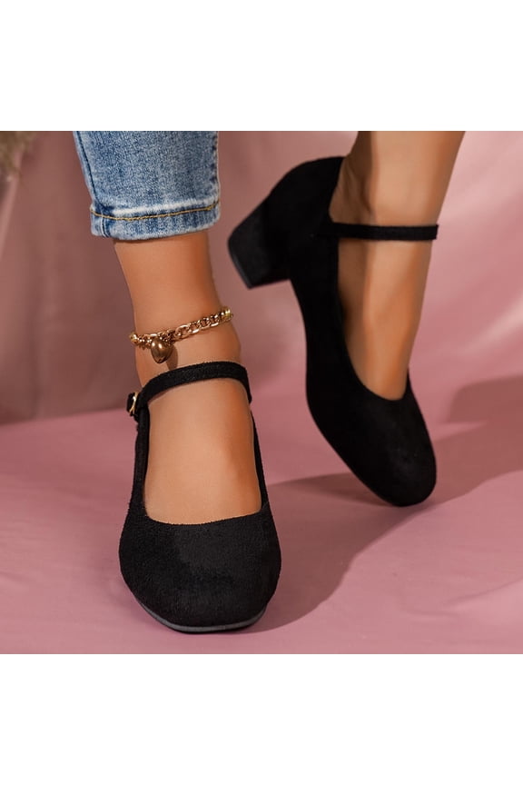 Luxalzxs Women's Square Toe Mary Jane Pumps Suede Buckle Strap Chunky Mid Block Heel Casual Office Dress Shoes Bridal Wedding Party Church Pumps