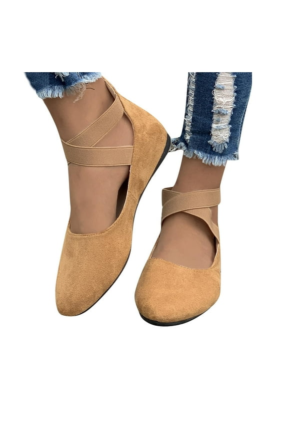 Luxalzxs Women's Suede Ballet Shoes Shallow Mouth Elastic Strap Faux Suede Round Head Shoes Flat Heel Single Shoes Flat Shoes Slip On Dressy Mary Jane Ballet Dance Shoes Walking Shoes
