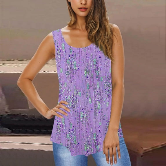 Luxalzxs Women's Summer Casual Fashion Loose Solid Color Sleeveless Crew Neck Tank Top sequin Shirts Blouses