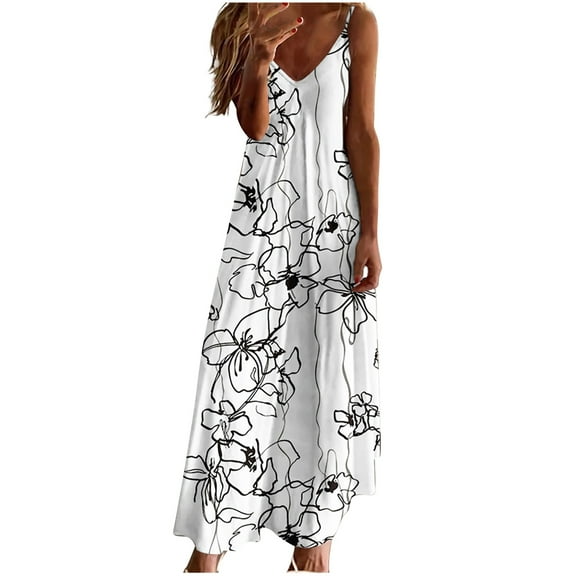 Luxalzxs Women's Summer Casual Floral Printed Bohemian Spaghetti Strap Sleeveless V-Neck Long Maxi Dress