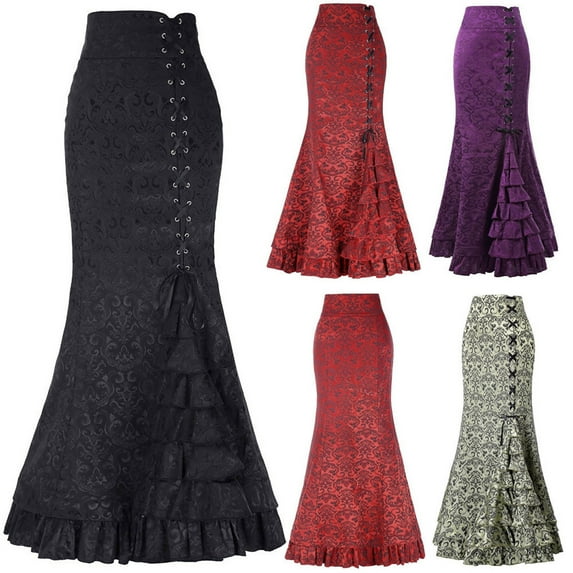 Luxalzxs Women's Vintage Victorian Gothic Mermaid Long Skirt High Waist Ruffled Fishtail Maxi Skirt Retro Side Lace-Up Drawstring Tiered Pencil Skirt Jacquard Evening Party Dress Renaissance Skirts