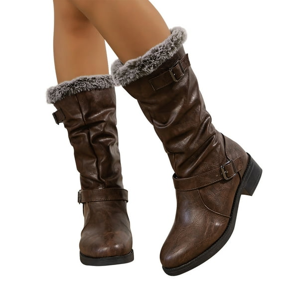 Luxalzxs Women's Winter Plus Size Artificial Leather Mid Calf Boot Fashion Cylindrical Head Plus Cashmere Warm Chunky Heel Boots