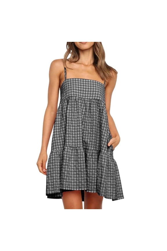 Womens A-Line Mini Dress Spaghetti Strap Sleeveless Pleated Ruffle Checkered Printed Summer Dresses Double Lined Flowy Sundresses with Pockets
