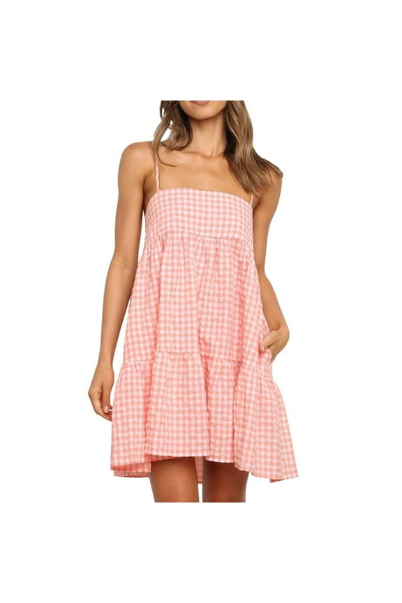 Womens A-Line Mini Dress Spaghetti Strap Sleeveless Pleated Ruffle Checkered Printed Summer Dresses Double Lined Flowy Sundresses with Pockets