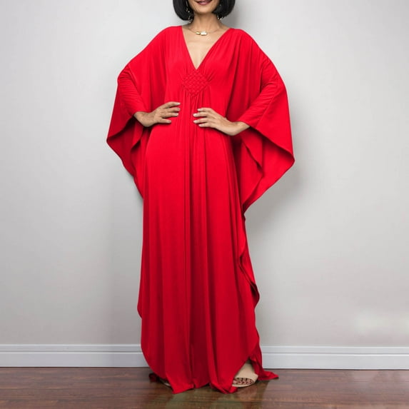 Luxalzxs Womens Beach Cover Up Solid Color V Neck Batwing Sleeve Swimsuit Cover Up Caftans Long Dress Plus Size Beach Kaftan Dresses