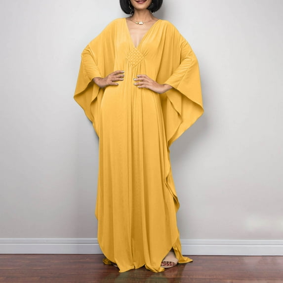 Luxalzxs Womens Beach Cover Up Solid Color V Neck Batwing Sleeve Swimsuit Cover Up Caftans Long Dress Plus Size Beach Kaftan Dresses