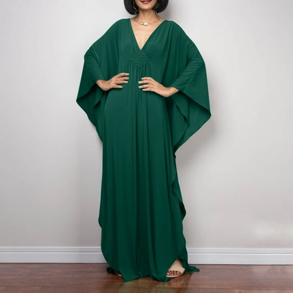 Luxalzxs Womens Beach Cover Up Solid Color V Neck Batwing Sleeve Swimsuit Cover Up Caftans Long Dress Plus Size Beach Kaftan Dresses