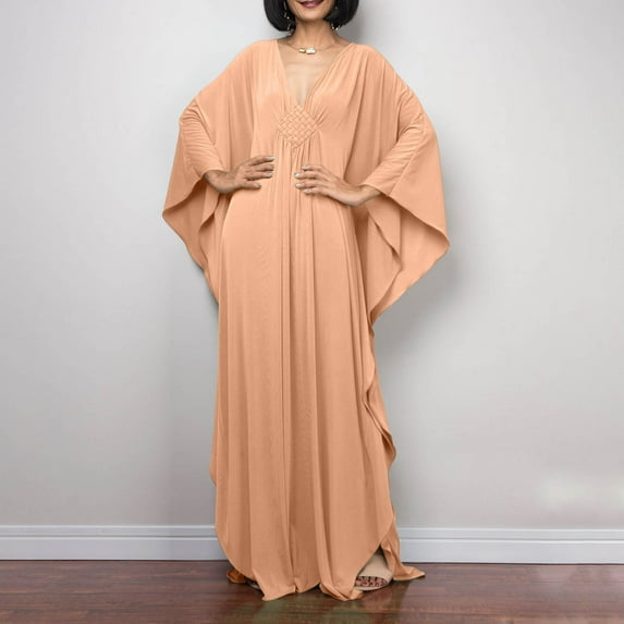 Luxalzxs Womens Beach Cover Up Solid Color V Neck Batwing Sleeve Swimsuit Cover Up Caftans Long Dress Plus Size Beach Kaftan Dresses