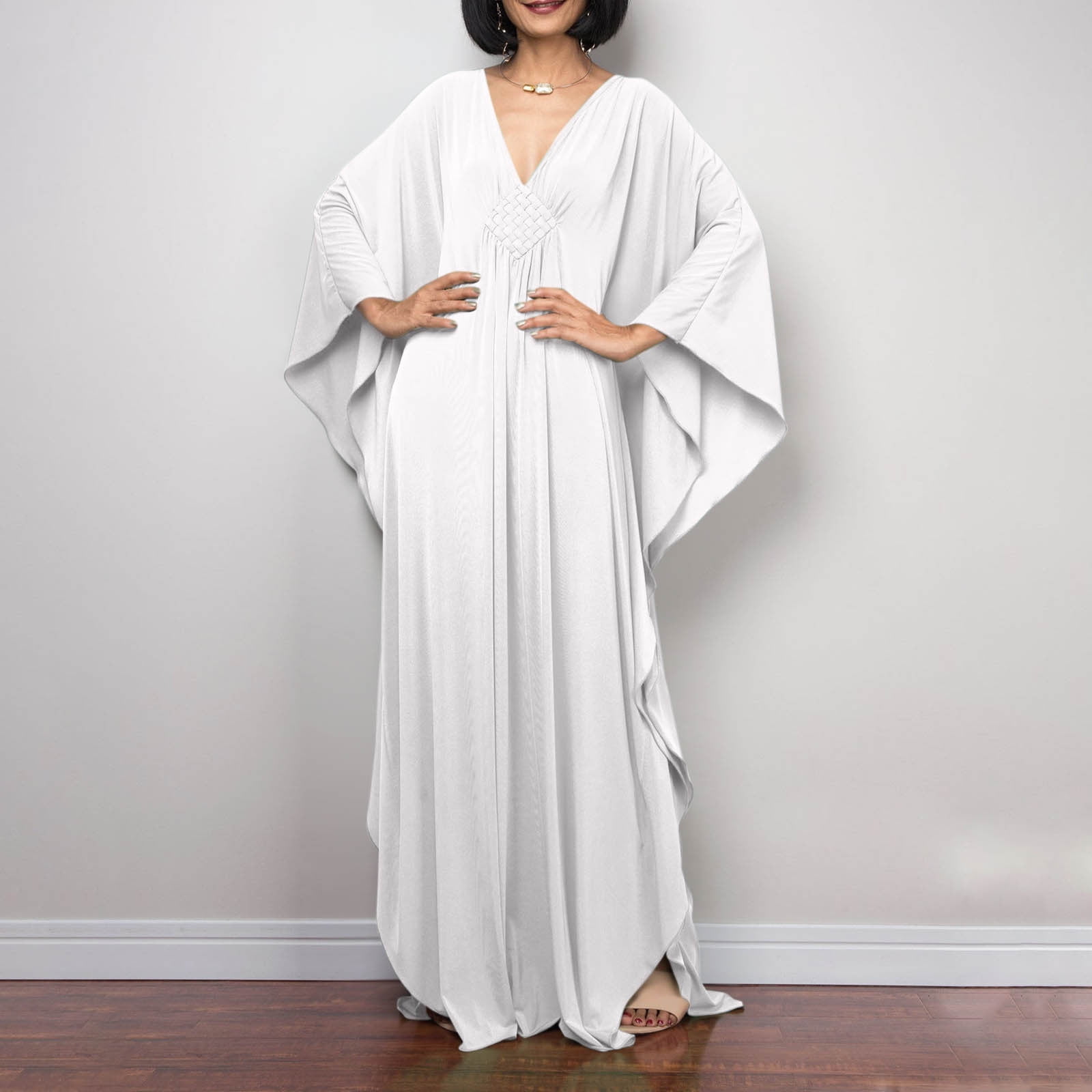 Kilaqueen Luxalzxs Womens Beach Cover Up Solid Color V Neck Batwing Sleeve Swimsuit Cover Up Caftans Long Dress Plus Size Beach Kaftan Dresses