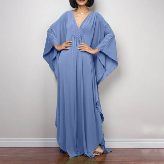 Luxalzxs Womens Beach Cover Up Solid Color V Neck Batwing Sleeve Swimsuit Cover Up Caftans Long Dress Plus Size Beach Kaftan Dresses