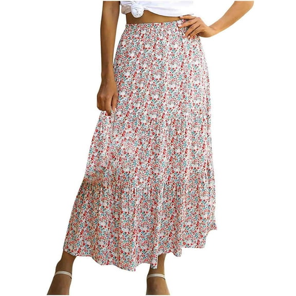 Luxalzxs Womens Boho Floral Skirt Summer High Waist Casual Flowy Swing Pleated A Line Beach Long Skirts
