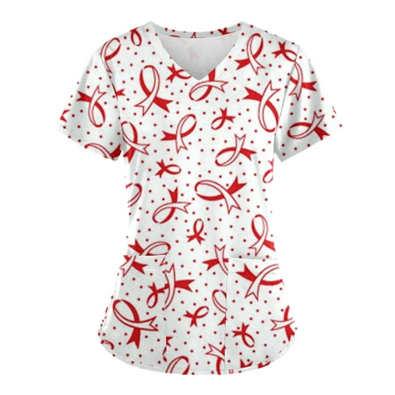 Luxalzxs Womens Breast Cancer Awareness Nurse Scrubs Tops Pink Ribbon Short Sleeve V Neck Medical Tops Shirts Slim Tunic Blouse Working Uniform with Pockets
