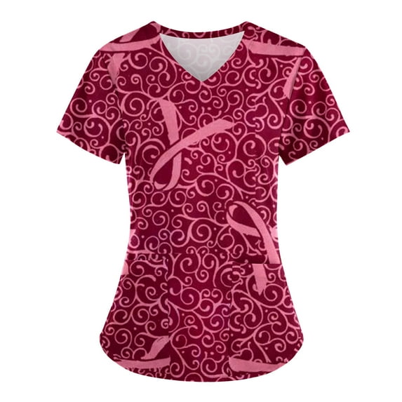 Luxalzxs Womens Breast Cancer Awareness Nurse Scrubs Tops Pink Ribbon Short Sleeve V Neck Medical Tops Shirts Slim Tunic Blouse Working Uniform with Pockets