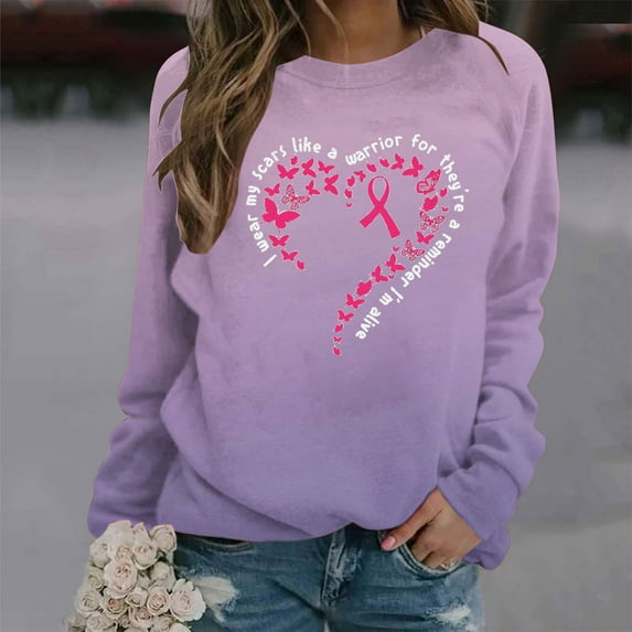 Luxalzxs Womens Breast Cancer Awareness Sweatshirt Pink Ribbon Heart October Cancer Fighter Sweatshirt Tops