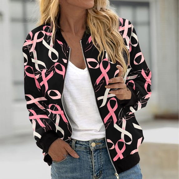 Luxalzxs Womens Breast Cancer Jacket Pink Ribbon Print Long Sleeve Full Zip Breast Cancer Awareness Bomber Jackets