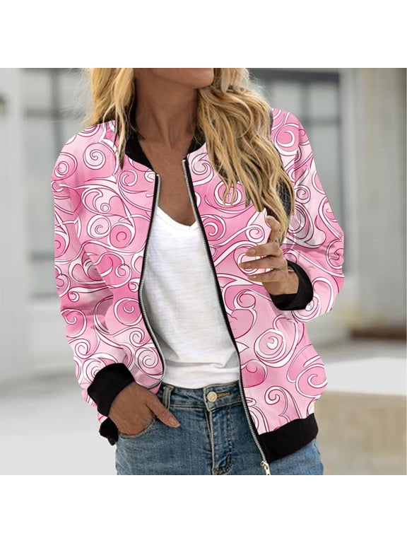 Luxalzxs Womens Breast Cancer Jacket Pink Ribbon Print Long Sleeve Full Zip Breast Cancer Awareness Bomber Jackets