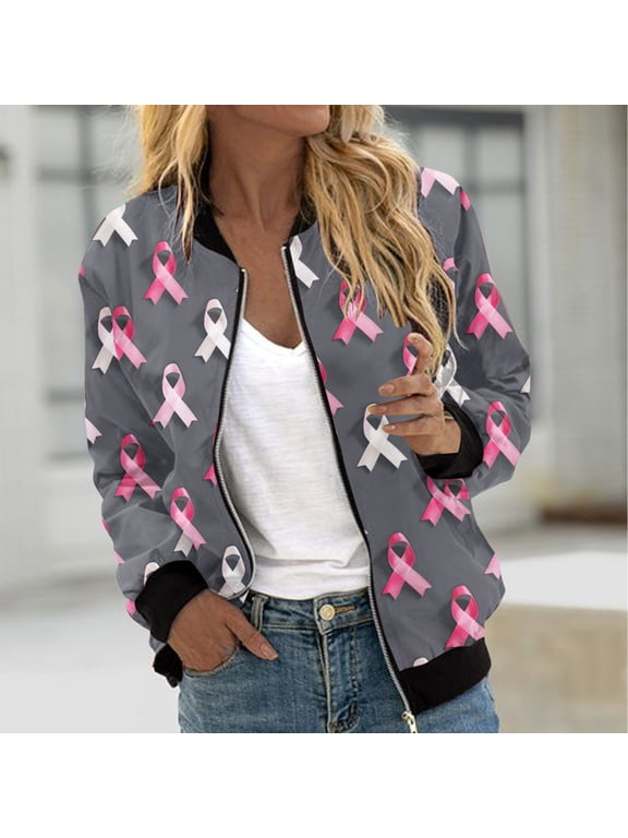 Luxalzxs Womens Breast Cancer Jacket Pink Ribbon Print Long Sleeve Full Zip Breast Cancer Awareness Bomber Jackets