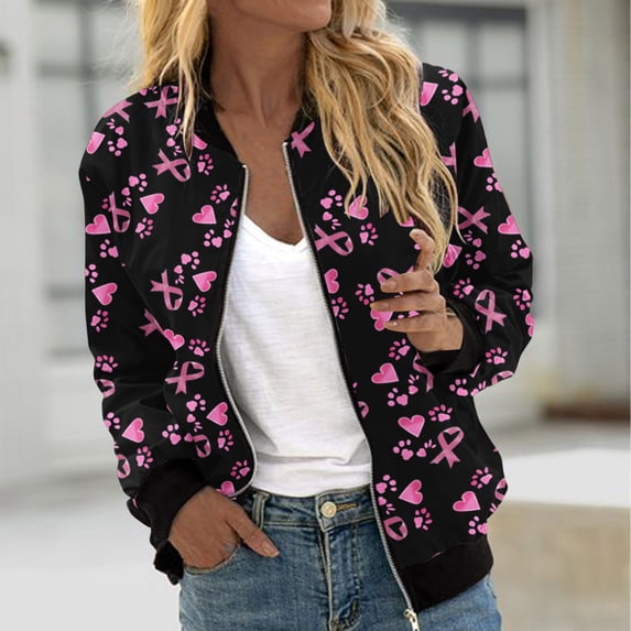 Luxalzxs Womens Breast Cancer Jacket Pink Ribbon Print Long Sleeve Full Zip Breast Cancer Awareness Bomber Jackets