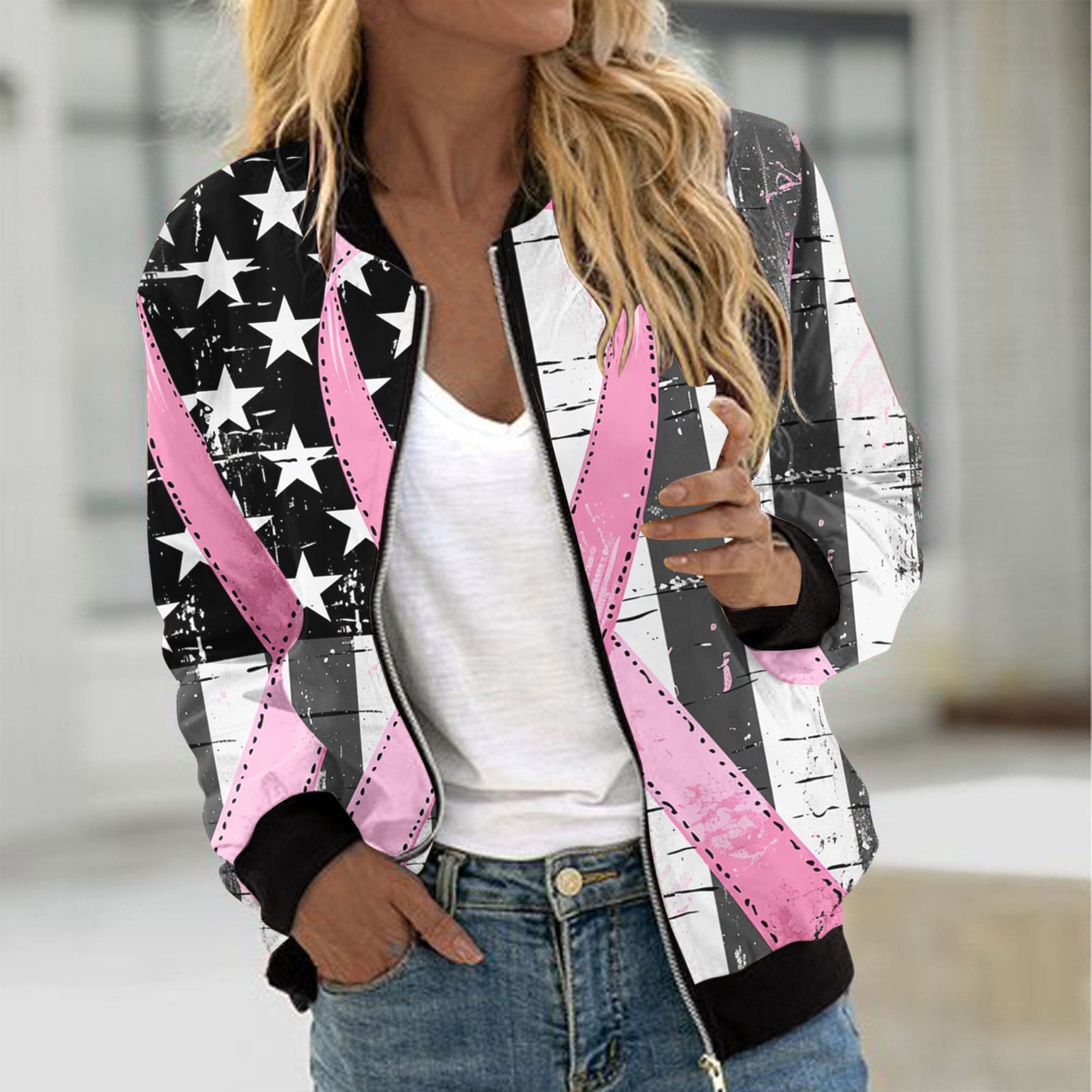 Luxalzxs Womens Breast Cancer Jacket Pink Ribbon Print Long