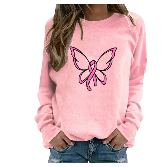 Luxalzxs Womens Breast Cancer Survivor Sweatshirts Casual Long Sleeve Pullover Tops Pink Ribbon Cancer Awareness Shirts