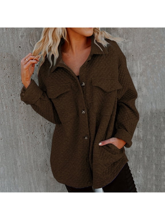 Luxalzxs Womens Button Down Shirts Solid Color Waffle Knit Long Sleeve Shacket Jackets Fall Cardigan with Pockets
