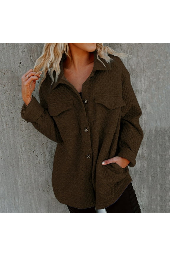 Luxalzxs Womens Button Down Shirts Solid Color Waffle Knit Long Sleeve Shacket Jackets Fall Cardigan with Pockets