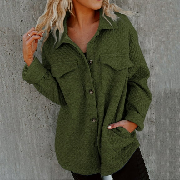 Luxalzxs Womens Button Down Shirts Solid Color Waffle Knit Long Sleeve Shacket Jackets Fall Cardigan with Pockets