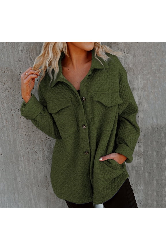 Luxalzxs Womens Button Down Shirts Solid Color Waffle Knit Long Sleeve Shacket Jackets Fall Cardigan with Pockets