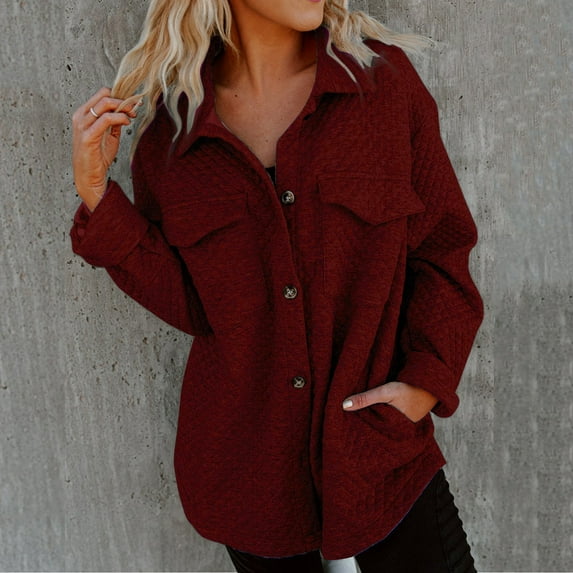 Luxalzxs Womens Button Down Shirts Solid Color Waffle Knit Long Sleeve Shacket Jackets Fall Cardigan with Pockets