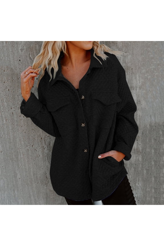 Luxalzxs Womens Button Down Shirts Solid Color Waffle Knit Long Sleeve Shacket Jackets Fall Cardigan with Pockets