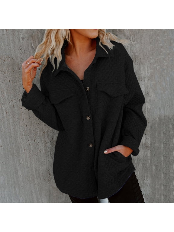 Luxalzxs Womens Button Down Shirts Solid Color Waffle Knit Long Sleeve Shacket Jackets Fall Cardigan with Pockets