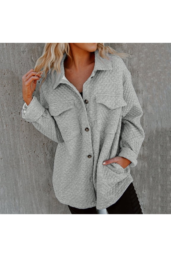 Luxalzxs Womens Button Down Shirts Solid Color Waffle Knit Long Sleeve Shacket Jackets Fall Cardigan with Pockets