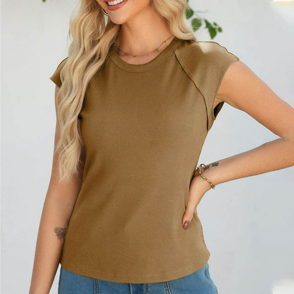 Luxalzxs Womens Cap Sleeve Tank Tops Summer Casual Crew Neck Ribbed T-Shirts Slim Fit Knit Basic Tee Shirts Vest