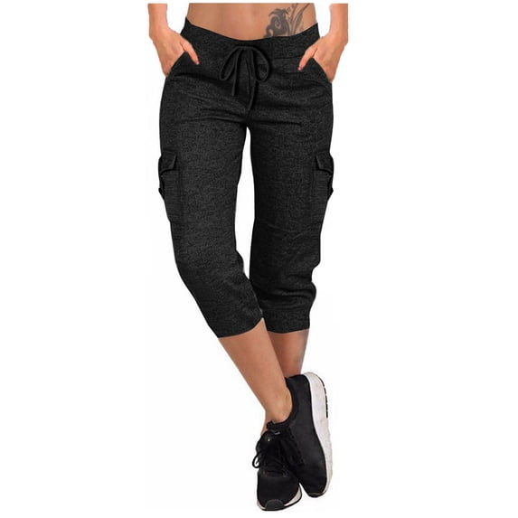 Luxalzxs Womens Capris for Summer Comfy Yoga Pants Workout Elastic Waist Stretchy Stylish Cropprd Pants Sweatpants Outdoor Athletic Lounge Pants with Pockets for Hiking Running