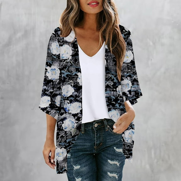 Luxalzxs Womens Cardigans Lightweight Floral Print Chiffon Kimono Cardigan 3/4 Sleeve Beach Cover Ups Summer Loose Open Front Casual Shawl Bathing Suit Cover Ups