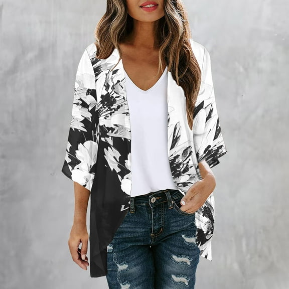 Luxalzxs Womens Cardigans Lightweight Floral Print Chiffon Kimono Cardigan 3/4 Sleeve Beach Cover Ups Summer Loose Open Front Casual Shawl Bathing Suit Cover Ups