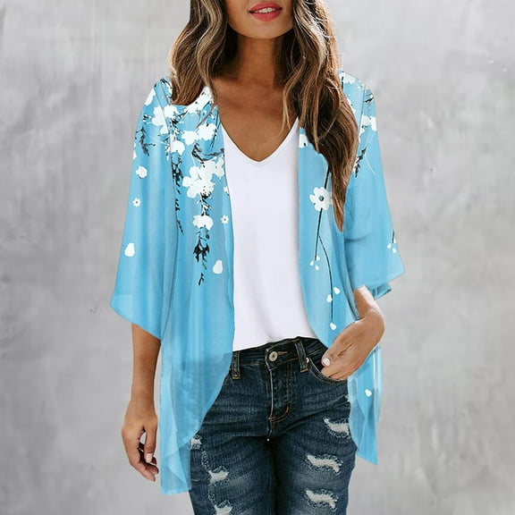 Luxalzxs Womens Cardigans Lightweight Floral Print Chiffon Kimono Cardigan 3/4 Sleeve Beach Cover Ups Summer Loose Open Front Casual Shawl Bathing Suit Cover Ups