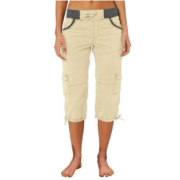 Luxalzxs Womens Cargo Capris Pants Summer Casual Drawstring High Waisted Hiking Joggers Lightweight Quick Dry Outdoor Athletic Travel 3/4 Trousers with Pockets