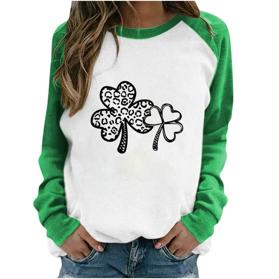 Luxalzxs Womens Casual Round Neck Color Block St. Patrick's Day Print Long Sleeve T-Shirt Top Sweatshirts