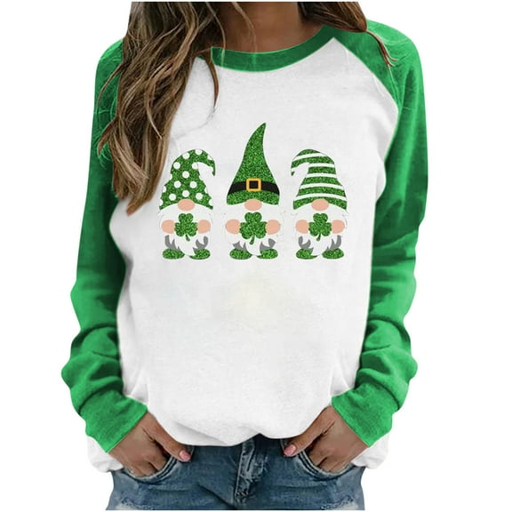 Luxalzxs Womens Casual Round Neck Color Block St. Patrick's Day Print Long Sleeve T-Shirt Top Sweatshirts